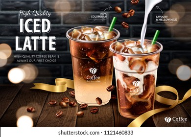 Iced latte in takeaway cup on wooden plank and grey brick wall background, 3d illustration