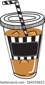 Iced Latte in Takeout Cup with Stripe Sleeve | Hand Drawn Cafe Drink Vector