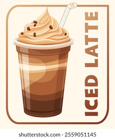 Iced Latte Vector Icon Delicious Summer Treat. Cartoon illustration of coffee glass for branding and marketing purposes. Brown tones and playful design of visually appealing image of refreshing summer