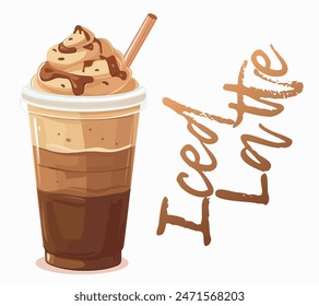 Iced latte with whipped cream vector illustration isolated on white background. Cartoon icon of a refreshing popular coffee beverage, is perfect for a hot day. Tall glass with light brown color coffee