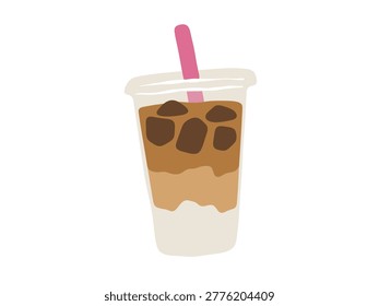 Iced layered latte in a clear takeaway cup with ice and straw, isolated vector illustration for cafe menu, coffee shop, and cold drink design.