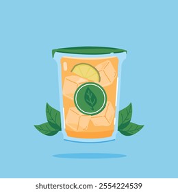 Iced Lemon Tea in a flat plastic cup with natural tea leaves. suitable for poster and web icon