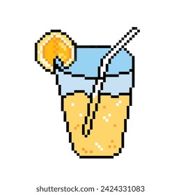 Iced lemonade summer beach drinks in clear glass. Pixel bit retro game styled vector illustration drawing. Simple flat cartoon drawing isolated on square white background.