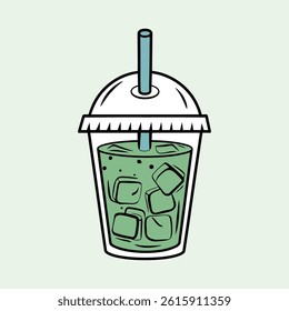 Iced Matcha Green Tea Drink in Plastic Cup Cartoon Illustration	