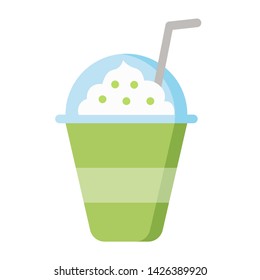 Iced Matcha Green Tea in a plastic cup with milk foam. Vector Japanese green tea illustration in cute cartoon style. Matcha Latte cute design element.