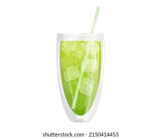 Iced matcha tea with ice in a glass.Green organic tea.Vector illustration isolated on a white background.