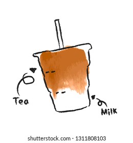 Iced milk and tea in take away cup.Watercolor drawing vector eps10 