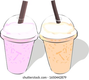 Leche helada y té tailandés helado en vasos de plástico. Imagen vectorial de una popular bebida tailandesa de la calle.