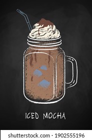 Iced Mocha coffee cup isolated on black chalkboard background. Vector chalk drawn sideview grunge illustration.