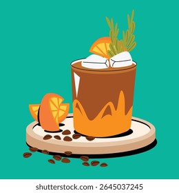 Iced Orange Coffee Drink with Herbs and Coffee Beans Illustration