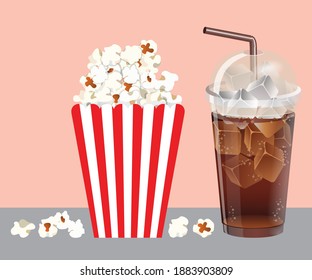 Iced soft drink and Popcorn in red and white stripes box. Vector illustration on pink background.