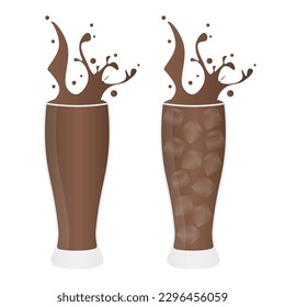 Iced Splashing Cocoa or Chocolate Milk Drink. Vector Illustration Isolated on White Background.