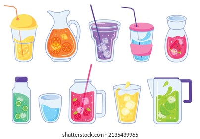 Iced Summer Drinks, Fruit Lemonade And Nonalcoholic Cocktails. Summertime Drink In Jar Or Glass, Cocktail With Fruits And Ice Vector Set. Beverage With Citrus Slices, Strawberry, Watermelon