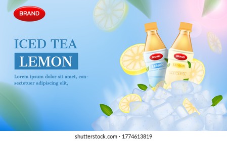 Iced tea ad. Ice and slice lemon with tea bottles