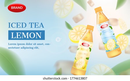 Botellas de té helado con limón y hielo. anuncio de té con hielo vectorial