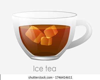 Iced tea cup. Tea earl gray dark orange with ice cubes transparent cup refreshing drink for whole day sweet vector pleasant freshness.