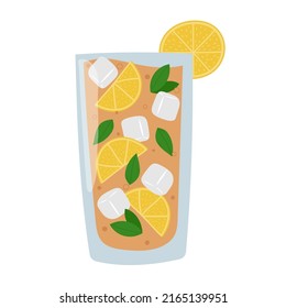 Iced tea with lemon, mint leaves and ice cubes in a glass. Refreshing summer drink. Isolated vector illustration 