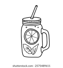 Iced Tea with Lemon and Mint or Lemonade in Mason jar glass and Straw isolated on a white background. Black and white outline drawing. Minimalist illustration in Doodle style. Ideal for beverage