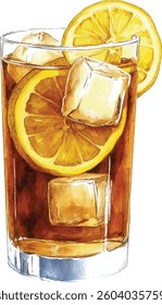 Iced Tea with Lemon Watercolor  vector illustration