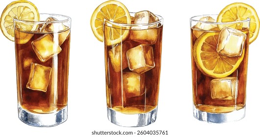 Iced Tea with Lemon Watercolor  vector illustration