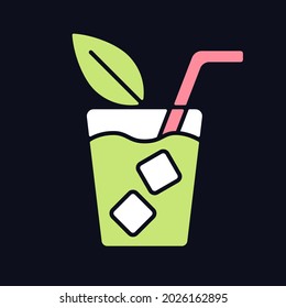 Iced tea RGB color icon for dark theme. Refreshing summer beverage served in glass. Cold sweet drink. Isolated vector illustration on night mode background. Simple filled line drawing on black