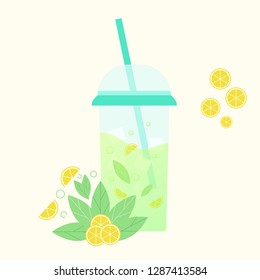 Iced tea with sliced lemon and mint. Flat design. Abstract concept. Vector