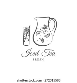 Iced tea vector logo or sign. Vector illustration jug, glass, lemon. Design elements