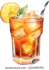 Iced tea Watercolor illustration. Hand drawn underwater element design. Artistic vector marine design element. Illustration for greeting cards, printing and other design projects.
