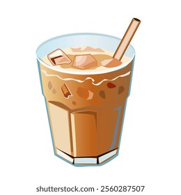 Iced Thai Tea.Tea with milk mixed in a clear glass with ice.Vector illustration isolated on a white background.