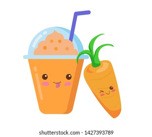 Iced Vegetables Smoothie in a plastic cup with rich foam. Vector kawaii drink illustration in cute cartoon style isolated on white background. Funny happy Carrot vegetable healthy smoothie, kids menu.