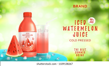 Iced watermelon juice advertisement. Vector illustration with realistic bottle, watermelon slice, glass and ice cubes on wooden table.