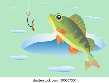 ice-hole and  fish perch. Vector illustration.