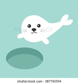 Ice-hole. Harp baby seal pup. Cute cartoon character. Blue background. Flat design Vector illustration