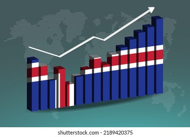 Iceland 3D bar chart graph with ups and downs, increasing values, Iceland country flag on 3D bar graph, upward rising arrow on data, news banner idea, developing country concept