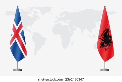 Iceland and Albania flags for official meeting against background of world map.