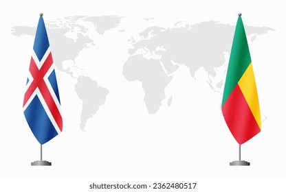 Iceland and Benin flags for official meeting against background of world map.