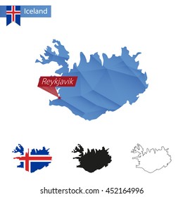 Iceland blue Low Poly map with capital Reykjavik, versions with flag, black and outline. Vector Illustration.
