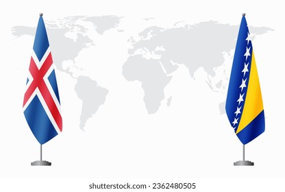 Iceland and Bosnia and Herzegovina flags for official meeting against background of world map.