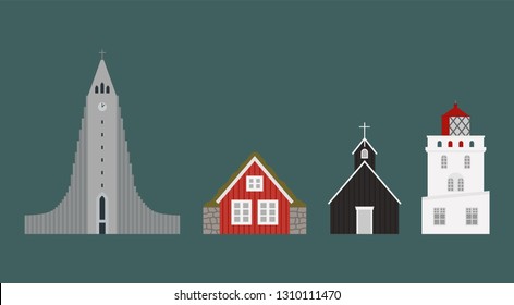 Iceland buildings vector illustration  traditional scandinavian turf house lighthouse church сathedral chapel