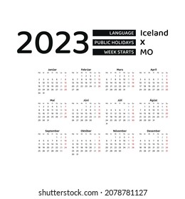 Iceland calendar 2023. Week starts from Monday. Vector graphic design. Islan language.