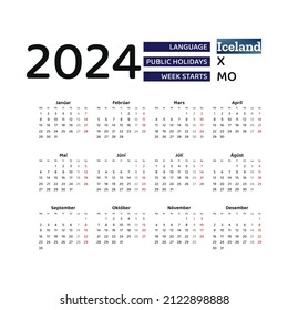 Iceland Calendar 2024 Week Starts Monday: vetor stock (livre de
