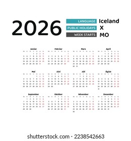 Iceland calendar 2026. Week starts from Monday. Vector graphic design. Icelandic language.