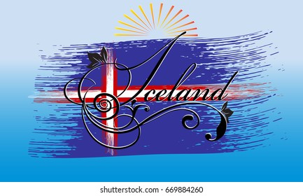 Iceland. Calligraphic cursive vintage Iceland lettering inscription with floral ornament on the  brush stroke Iceland flag. Vector background for design, prints,emblem, cloth, souvenirs