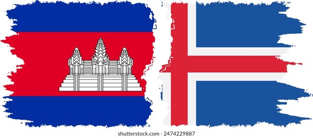 Iceland and Cambodia grunge flags connection, vector