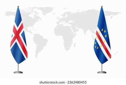 Iceland and Cape Verde flags for official meeting against background of world map.