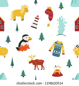 Iceland cartoon seamless pattern. Travel illustration with landmarks, animals and nature places.