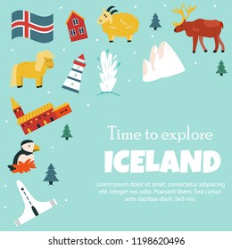 Iceland cartoon vector banner. Travel illustration with landmarks, animals and nature places. Image with all main tourist attractions.