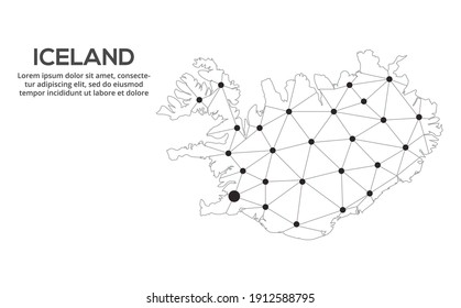 Iceland communication network map. Vector image of a low poly global map with city lights. Map in the form of lines and dots