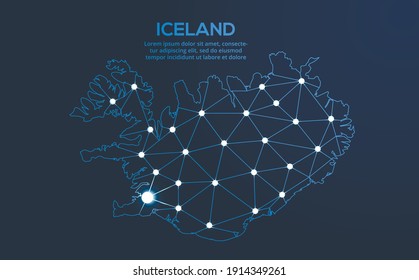 Iceland communication network map. Vector low poly image of a global map with lights in the form of cities. Map in the form of a constellation, mute and stars