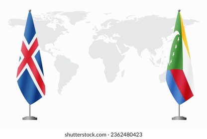 Iceland and Comoros flags for official meeting against background of world map.